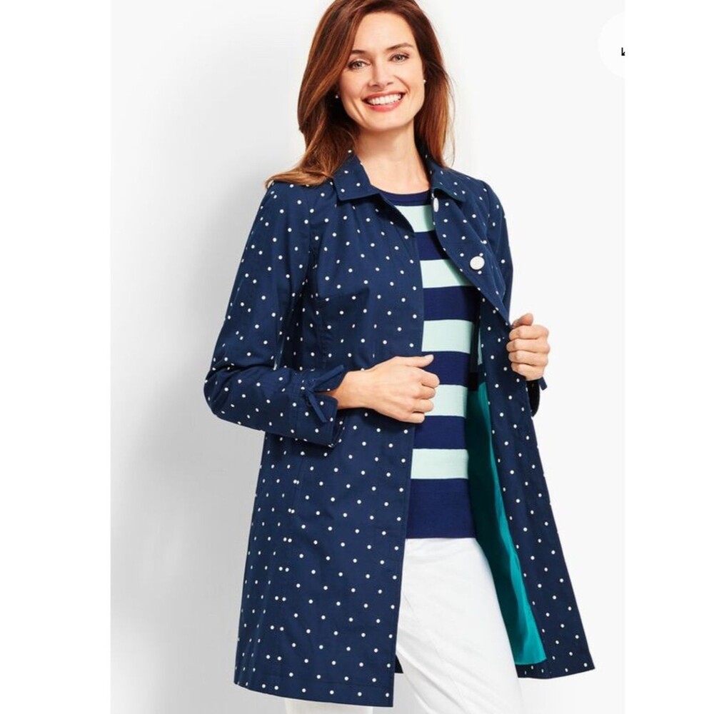 Talbots DOT-PRINT COTTON MAC Navy White Polka Dot Coat trench Womens 12 EUC cute - Picture 4 of 14